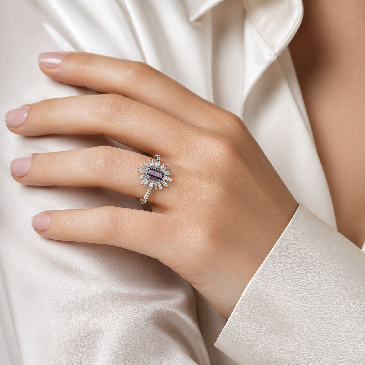 Anillo Flor Morada Zirconia Plata Ley 925