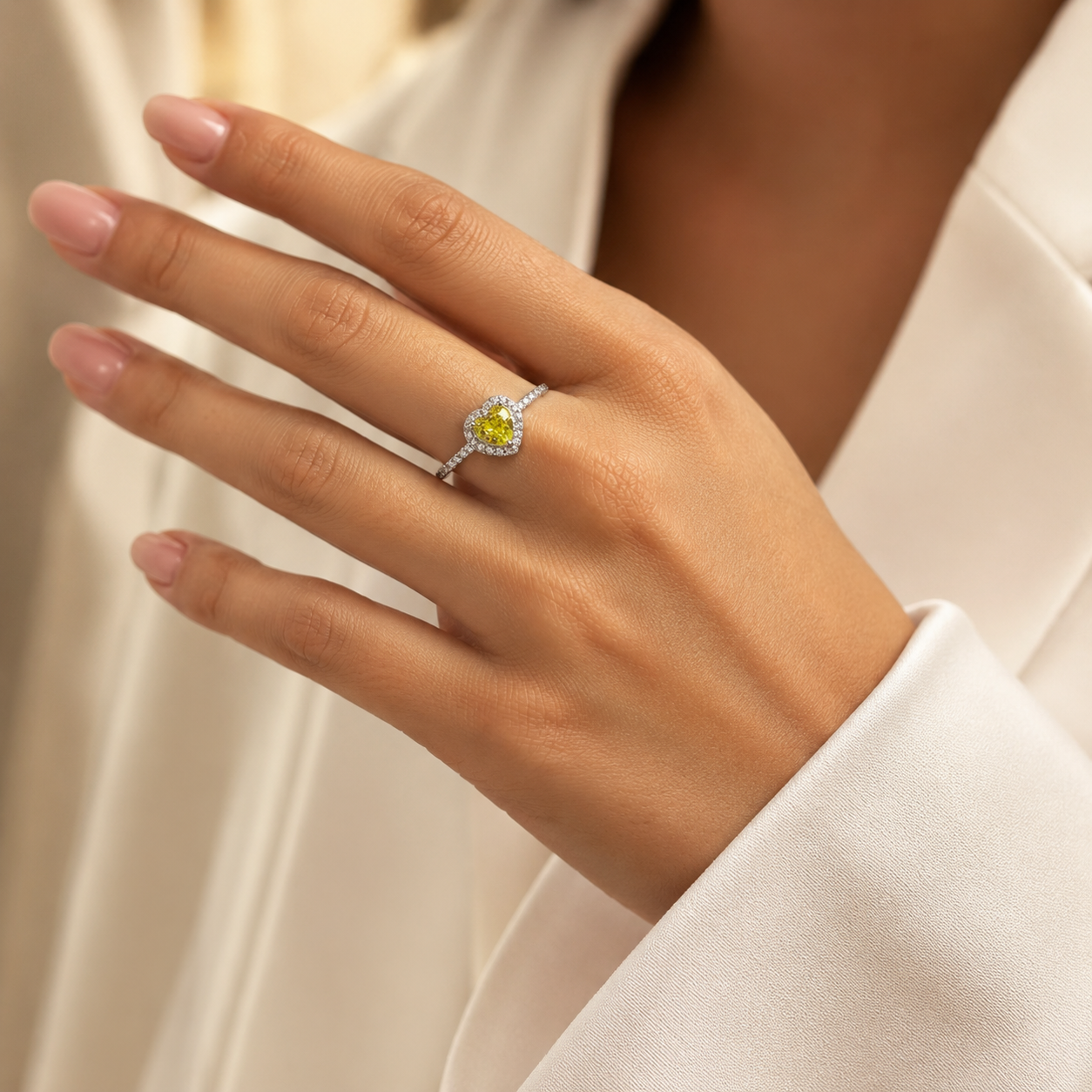 Anillo Zirconia Corazon Verde Limon Plata Ley 925