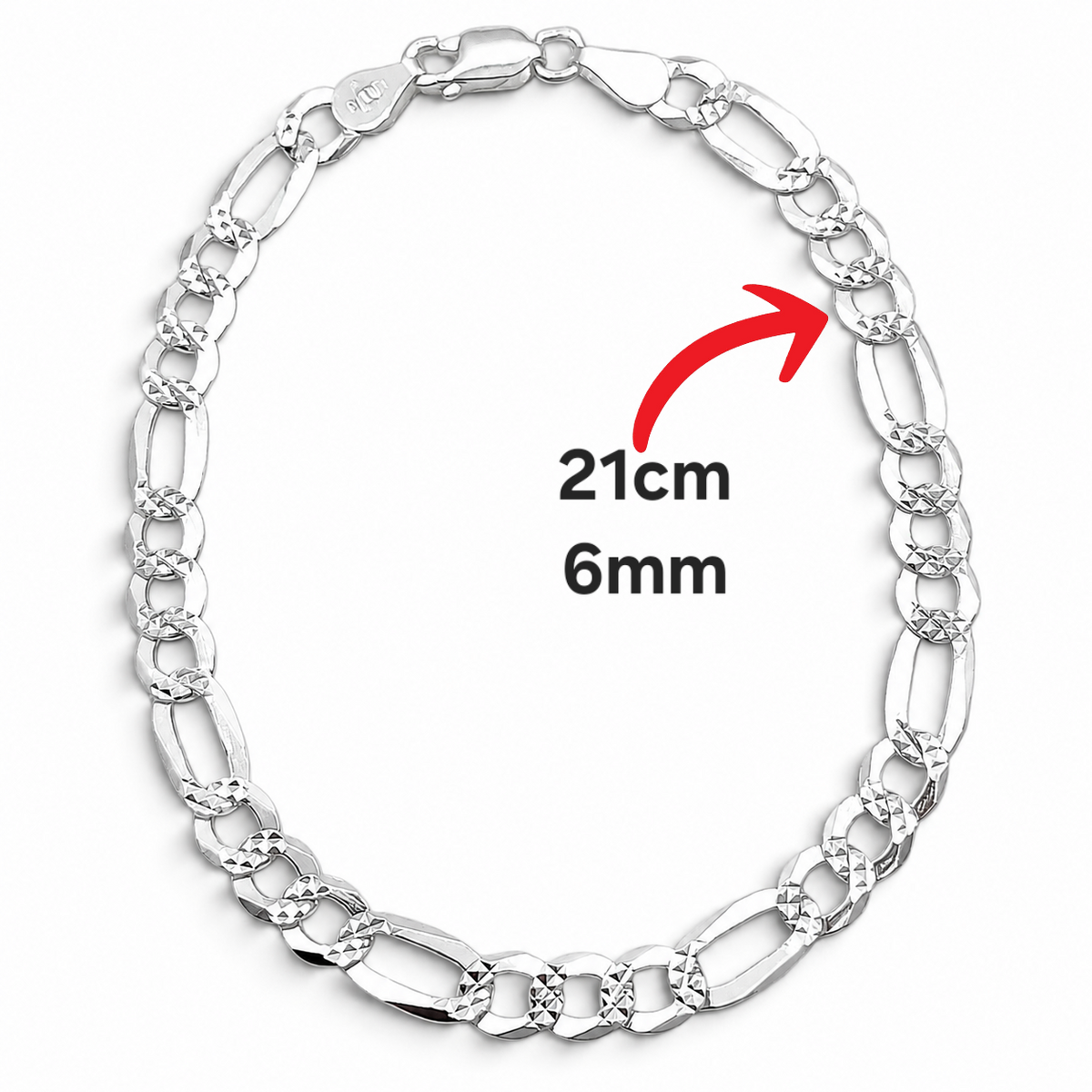 Pulso Figaro Diamantado 6mm Plata Ley 925