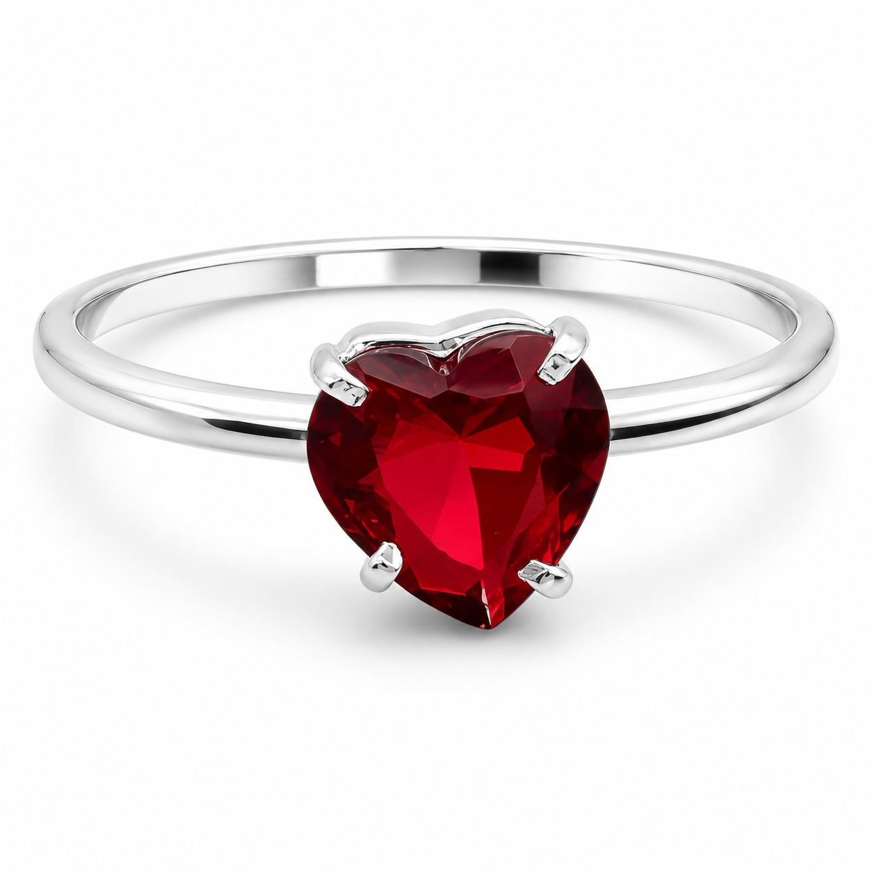 Anillo Solitario Rojo Corazon Plata Ley 925