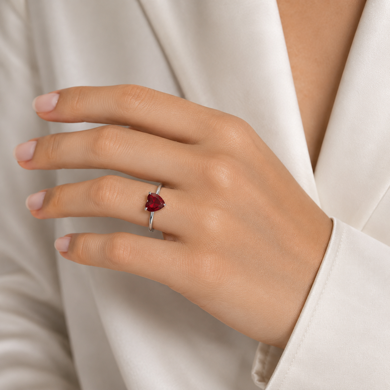 Anillo Solitario Rojo Corazon Plata Ley 925