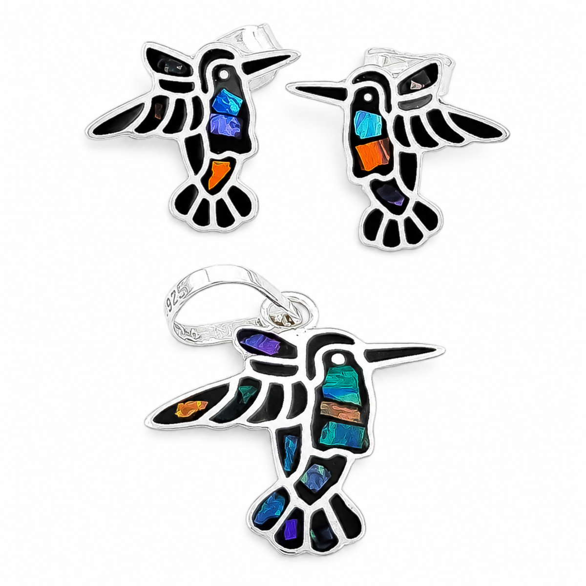 Set Colibri Negro Plata Ley 925