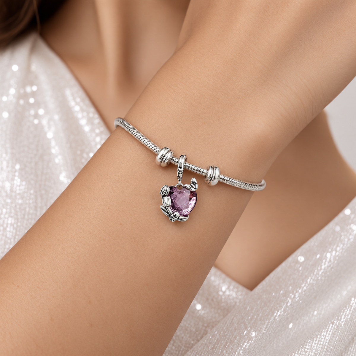 Charm Corazon Rosa Plata Ley 925