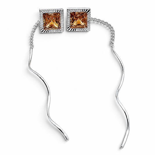 Arete Largo Cuadro Champagne Plata Ley 925