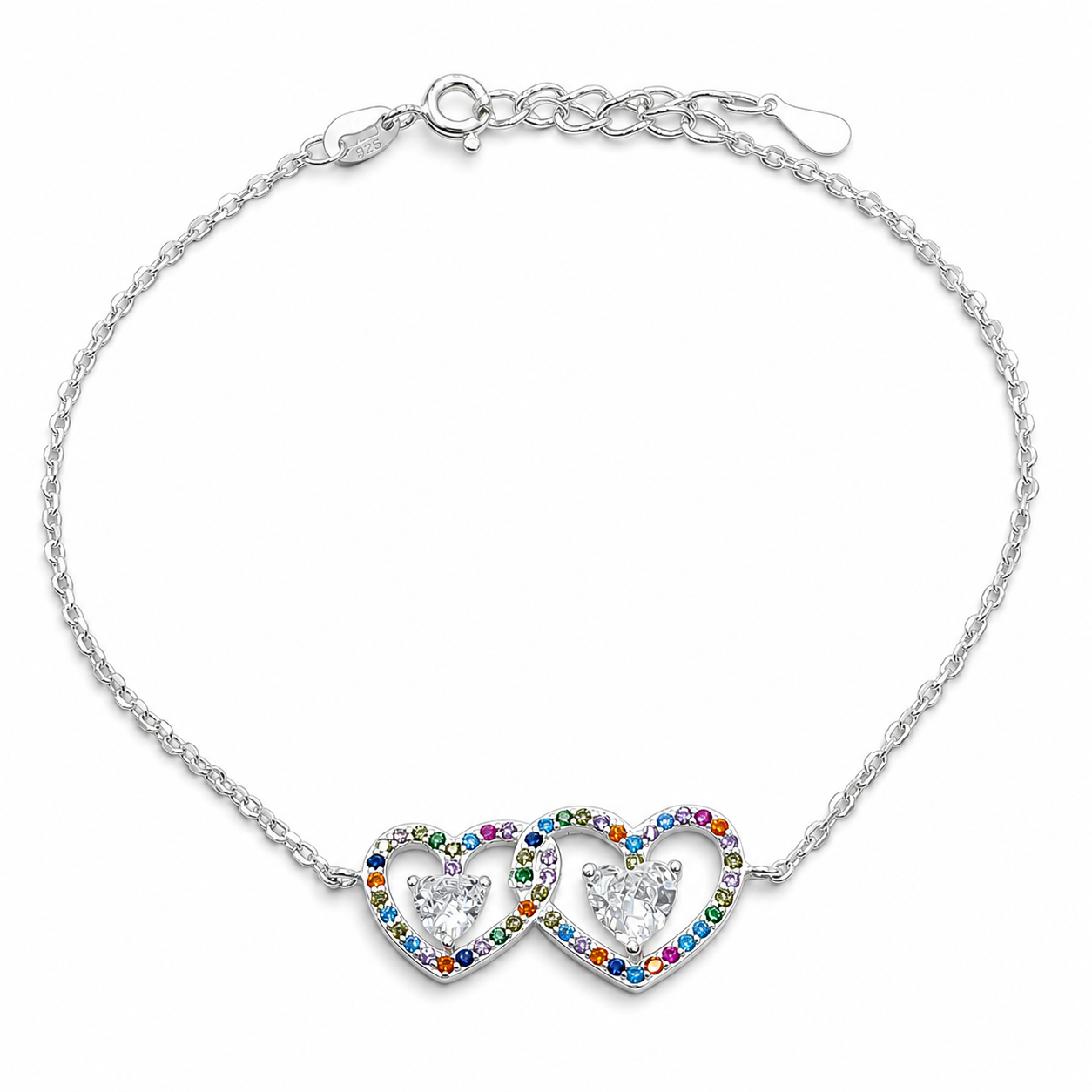 Pulsera 2 Corazones Multicolor Plata Ley 925