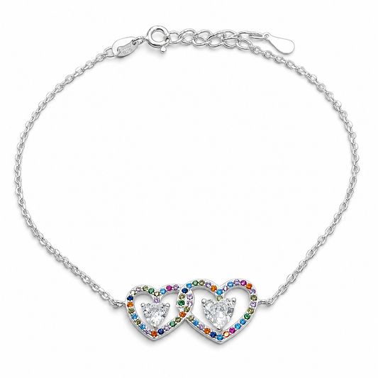 Pulsera 2 Corazones Multicolor Plata Ley 925
