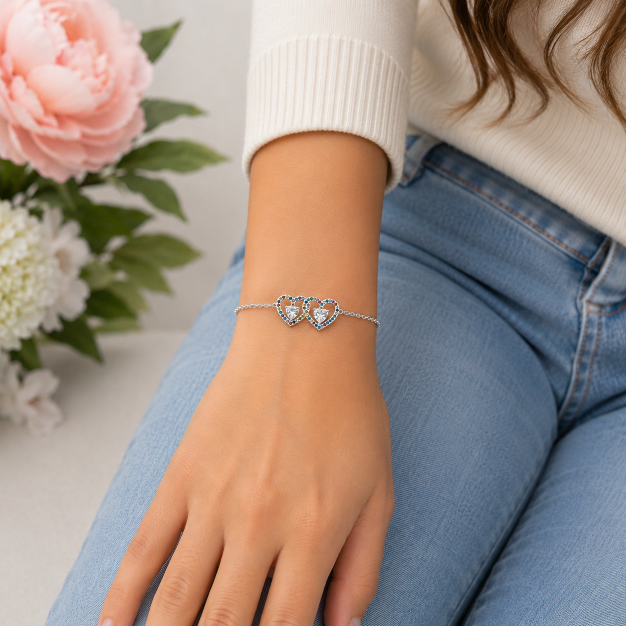 Pulsera 2 Corazones Multicolor Plata Ley 925