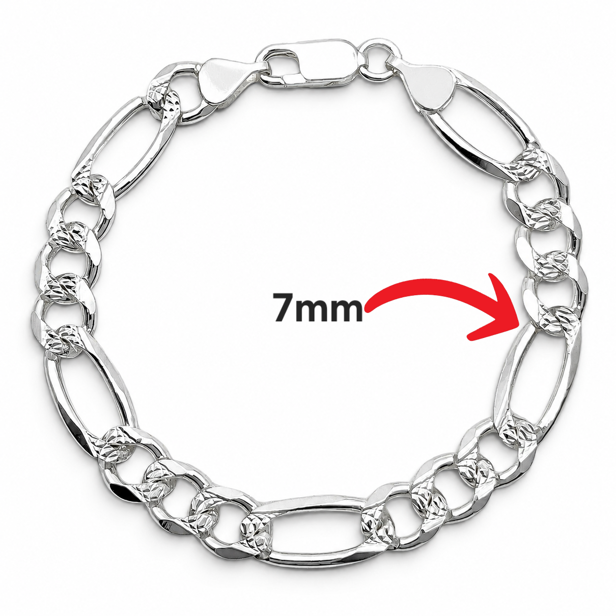 Pulso Figaro Diamantado 7mm Plata Ley 925