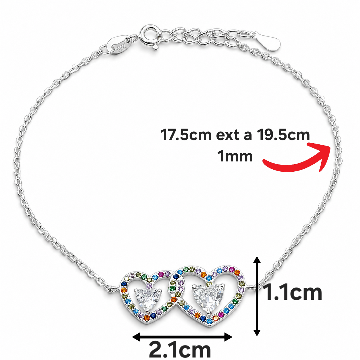 Pulsera 2 Corazones Multicolor Plata Ley 925