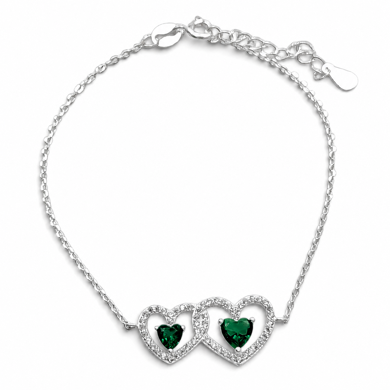 Pulsera 2 Corazones Verde Plata Ley 925