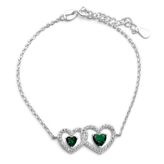 Pulsera 2 Corazones Verde Plata Ley 925