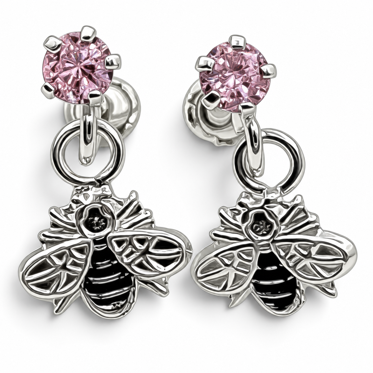Broquel Abeja Zirconia Rosa Plata Ley 925