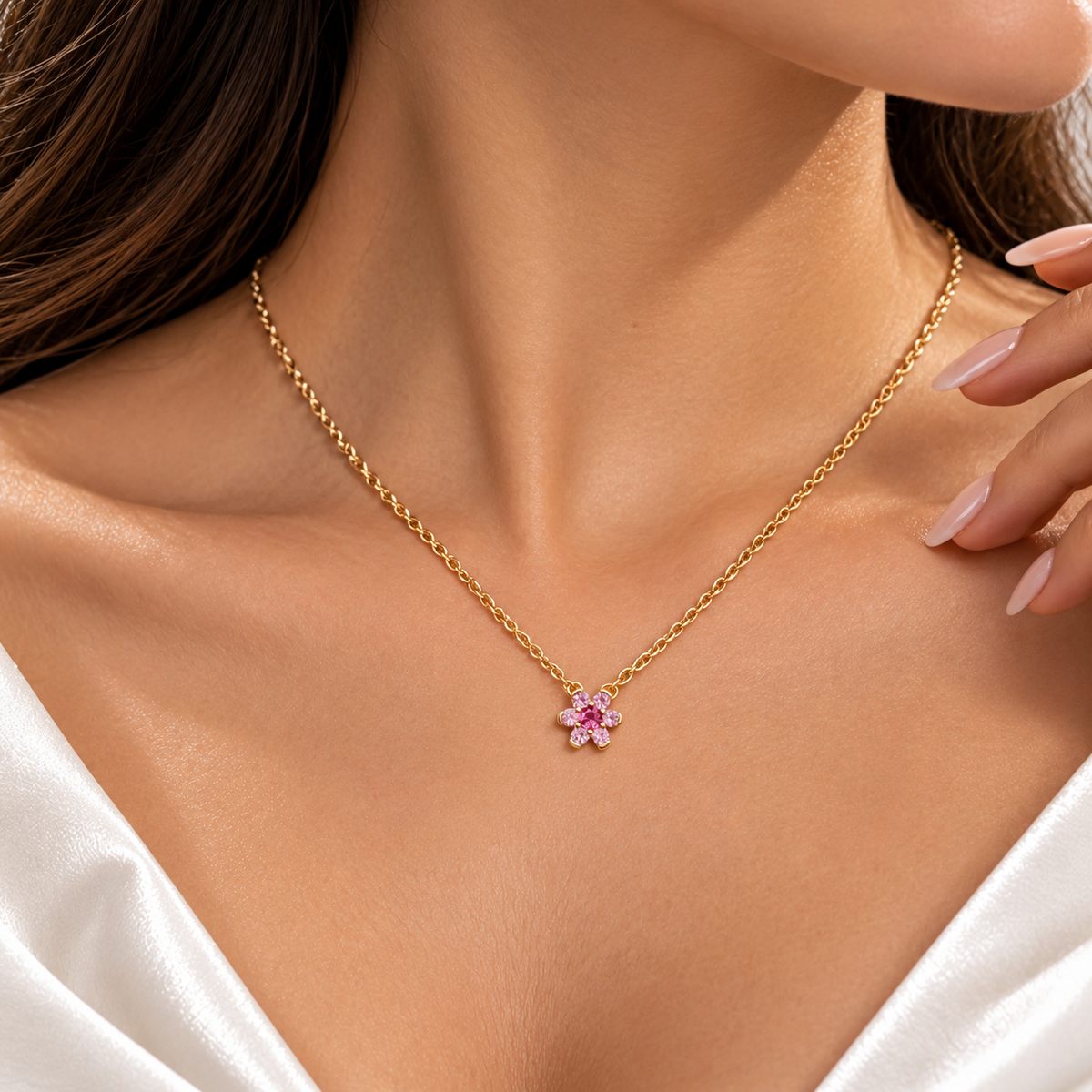 Collar Dorado Flor Rosa Pan Plata Ley 925