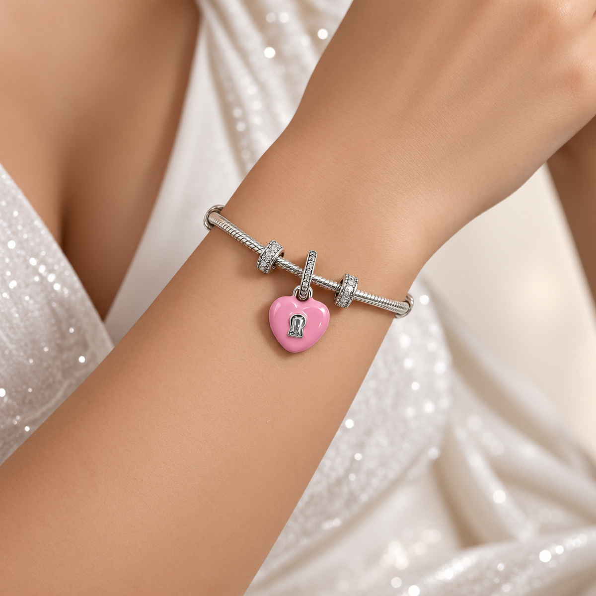 Charm Corazon Rosa Plata Ley 925