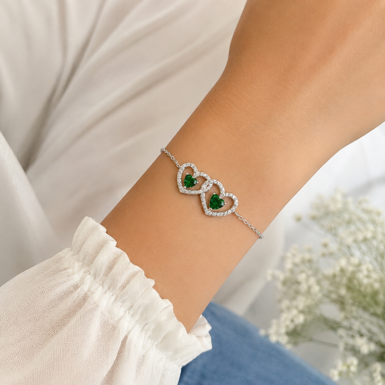 Pulsera 2 Corazones Verde Plata Ley 925