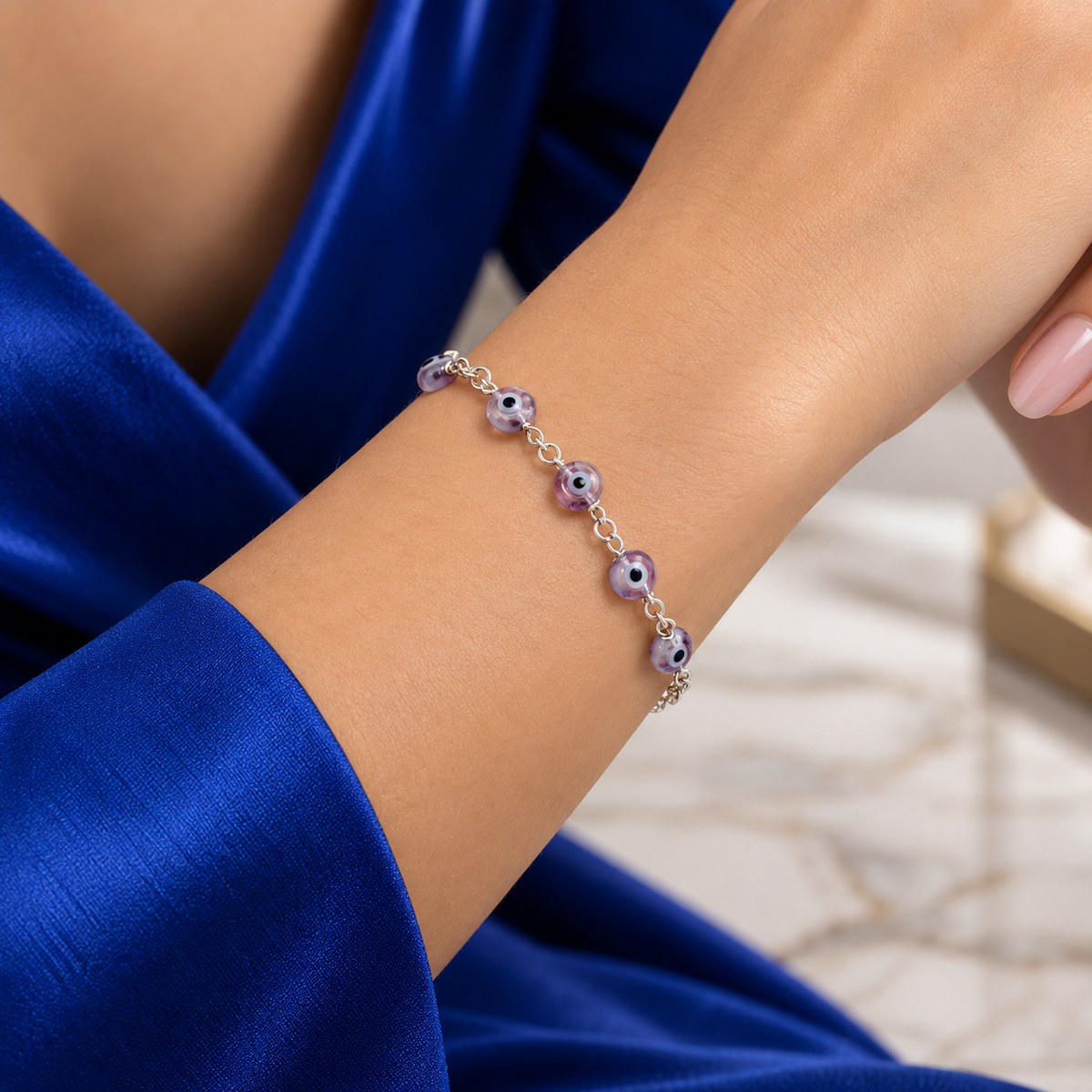 Pulsera Ojos Lila Plata Ley 925