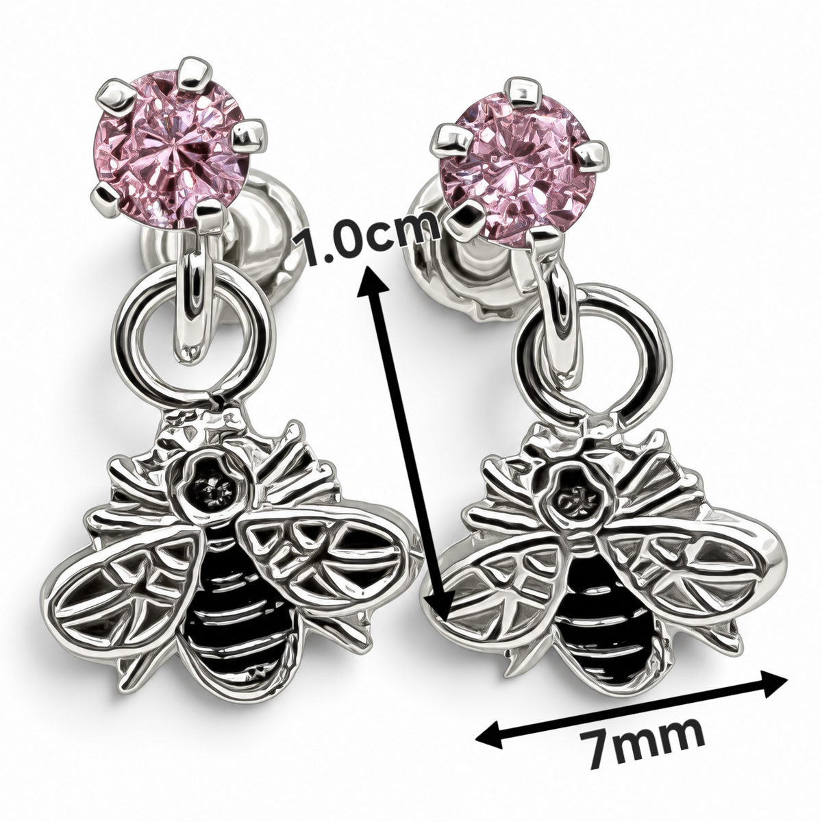 Broquel Abeja Zirconia Rosa Plata Ley 925