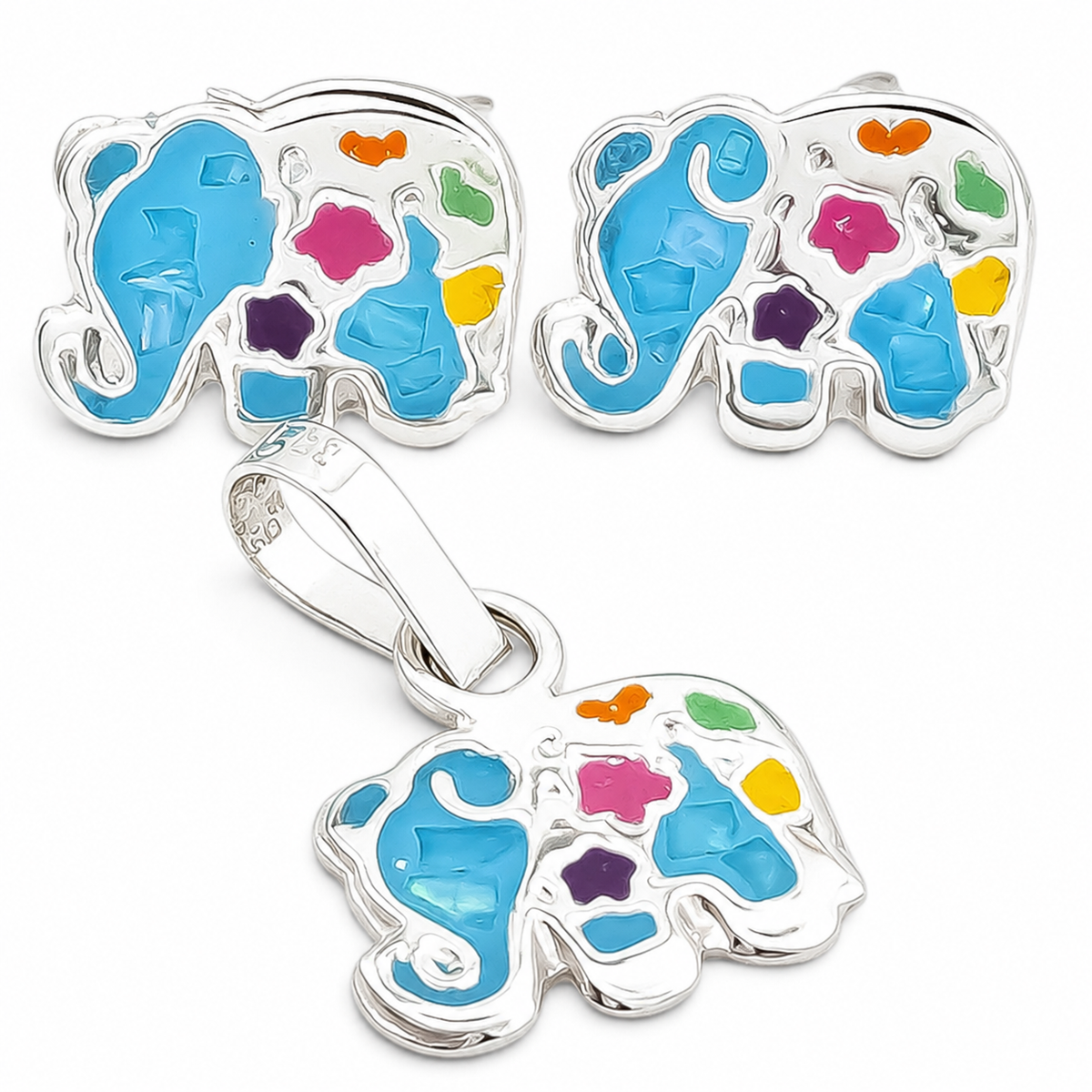 Set Elefante Azul Plata Ley 925