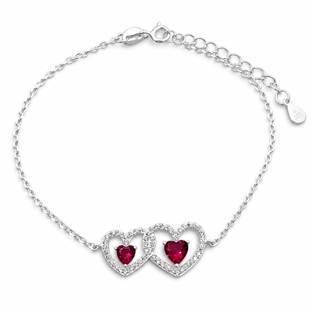 Pulsera 2 Corazones Fiusha Plata Ley 925