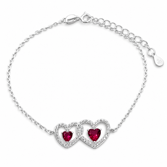 Pulsera 2 Corazones Fiusha Plata Ley 925