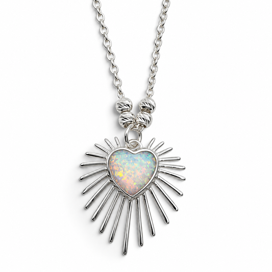 Collar Corazon Opalo Blanco Plata Ley 925