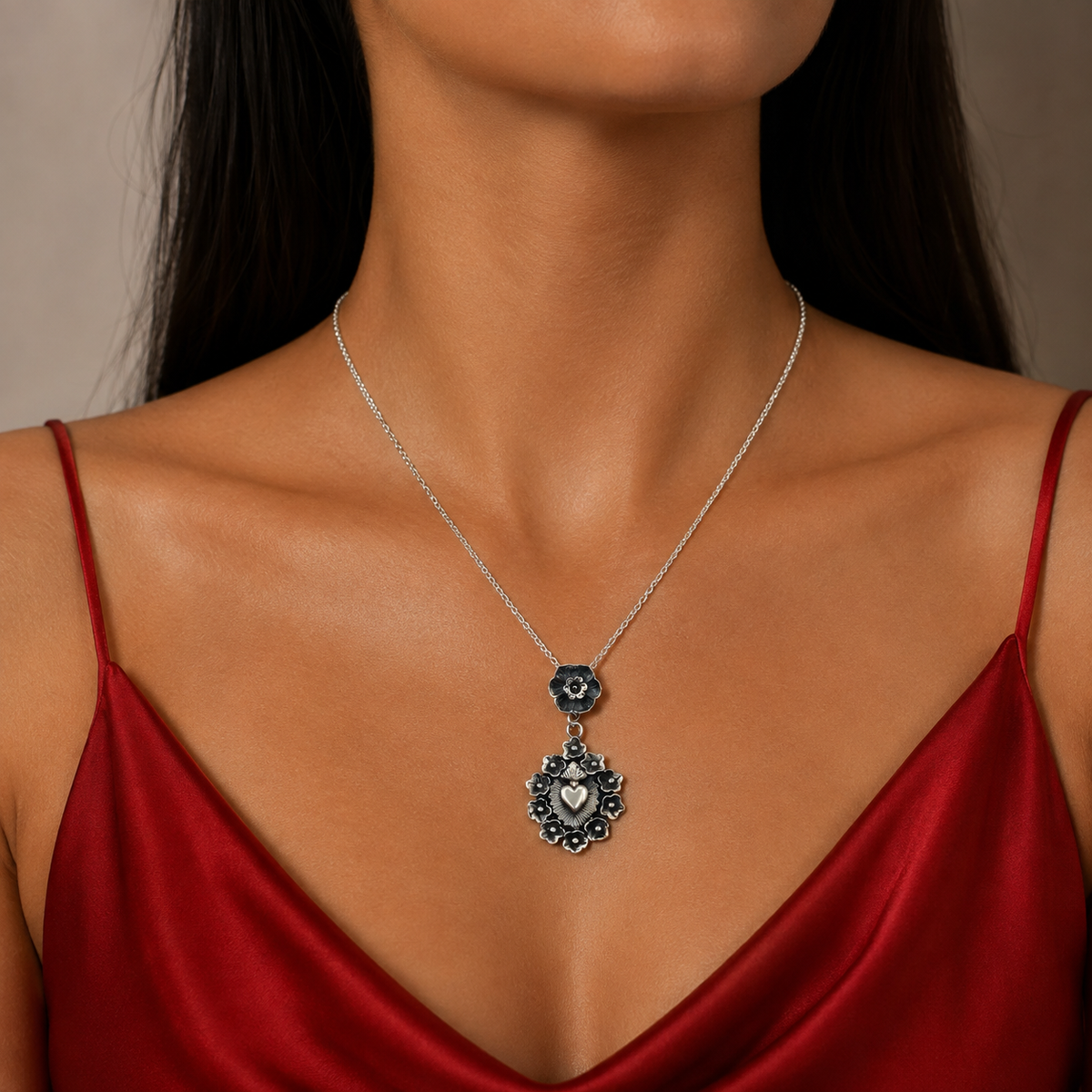 Dije Corazon Flores Plata Ley 925