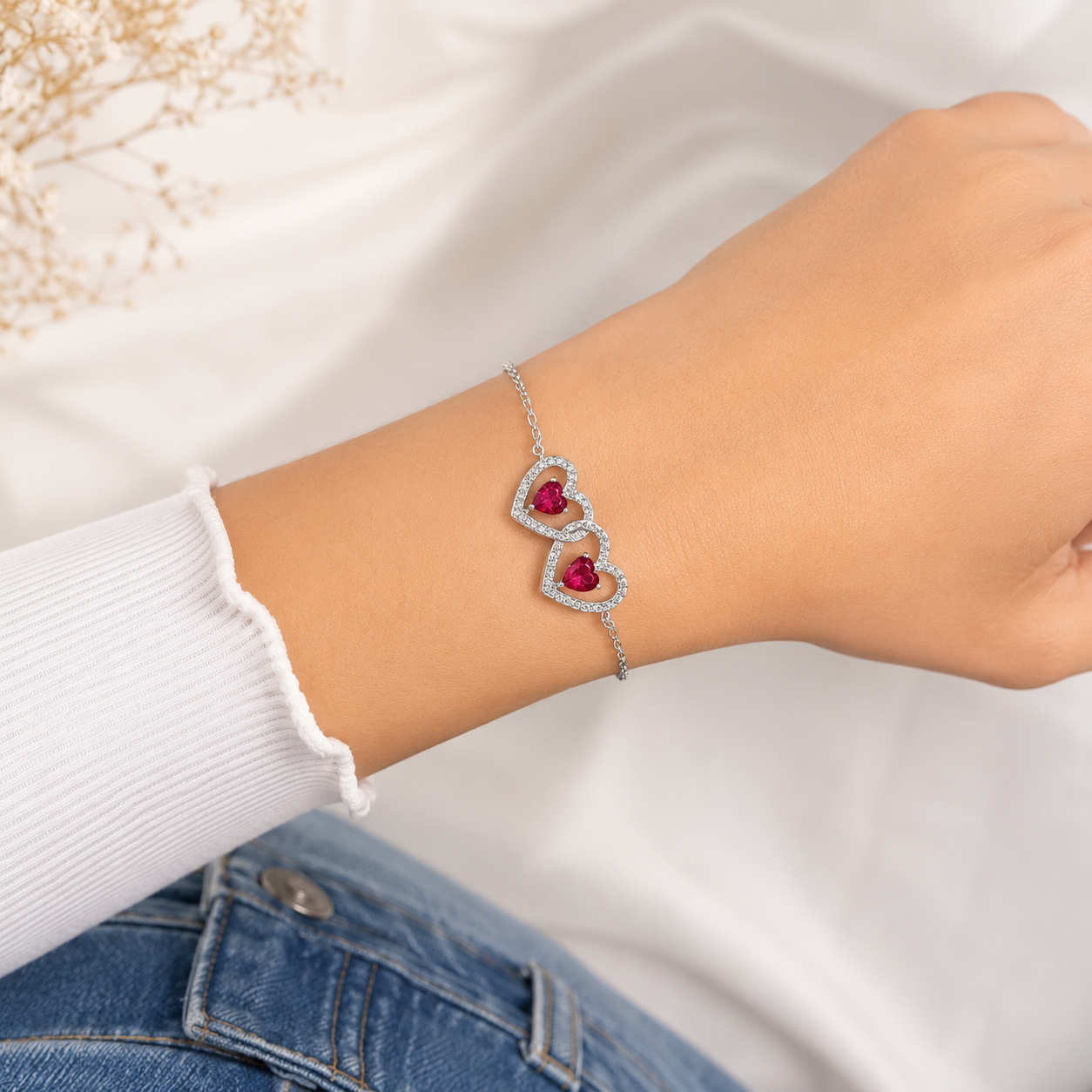 Pulsera 2 Corazones Fiusha Plata Ley 925