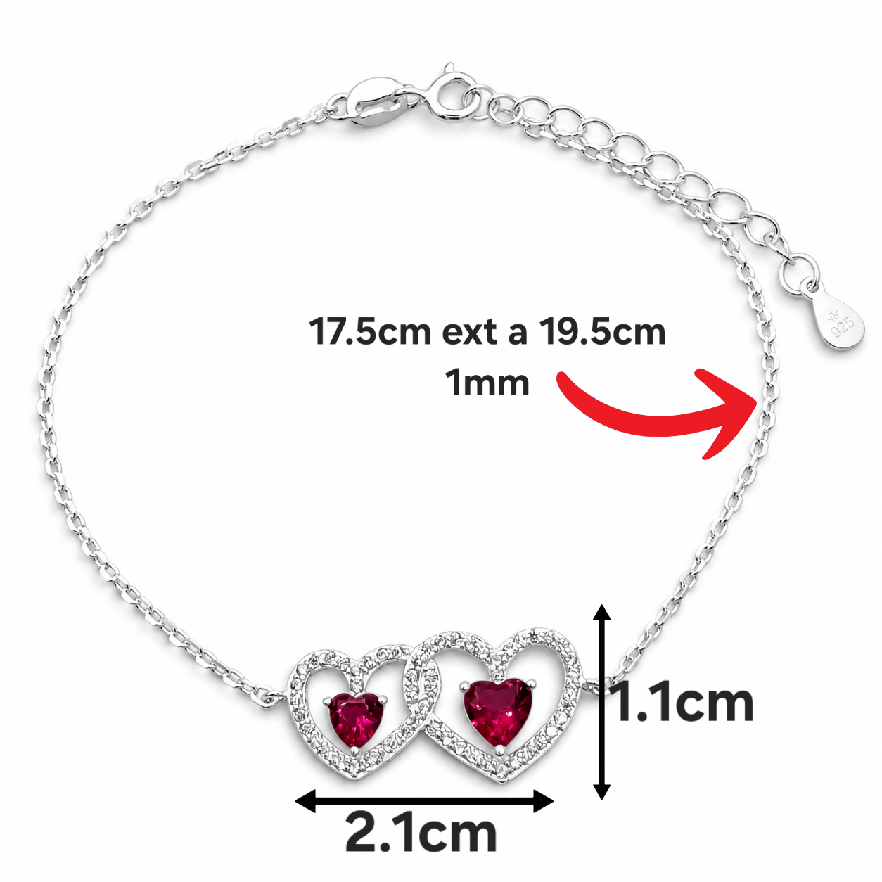 Pulsera 2 Corazones Fiusha Plata Ley 925