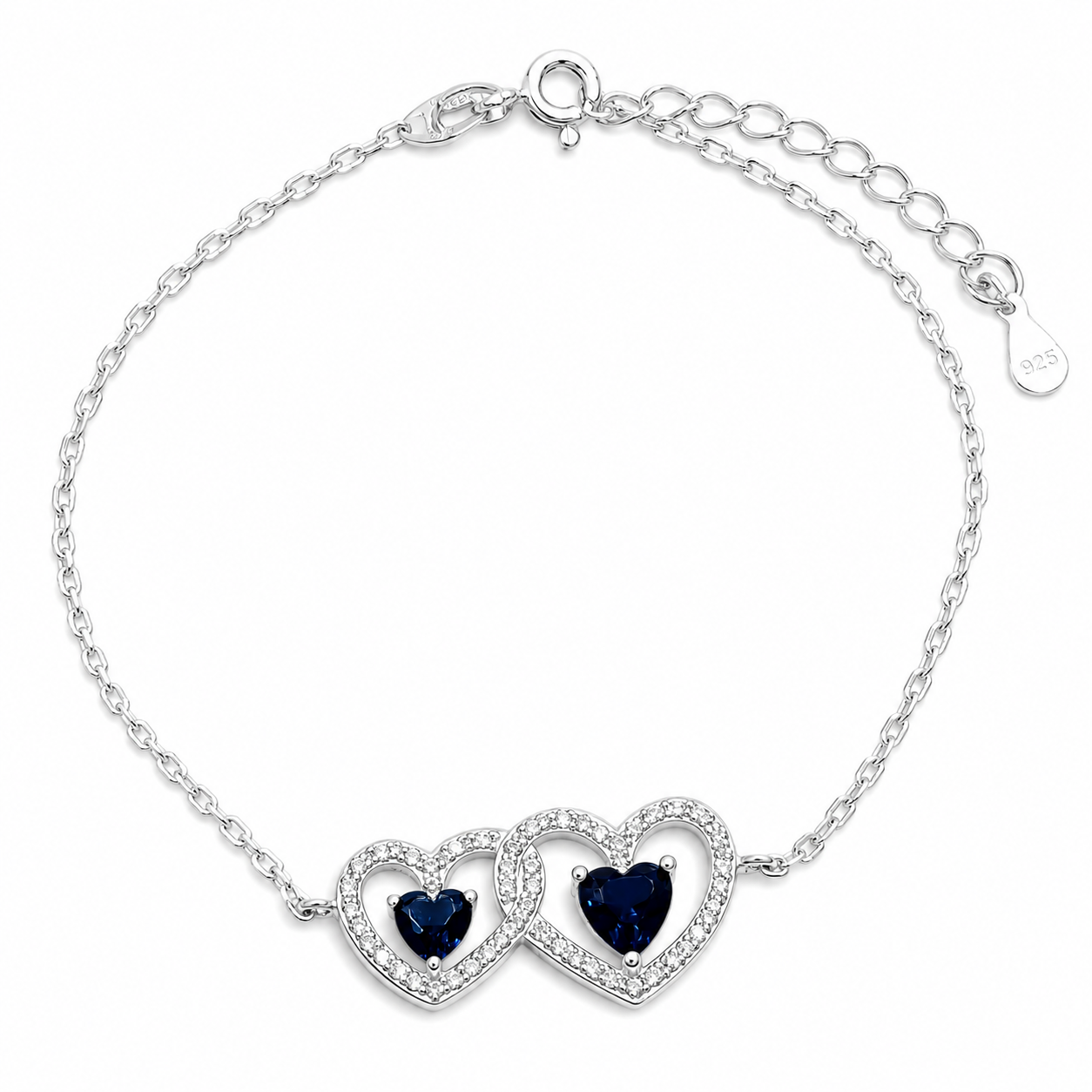 Pulsera 2 Corazones Azul Plata Ley 925