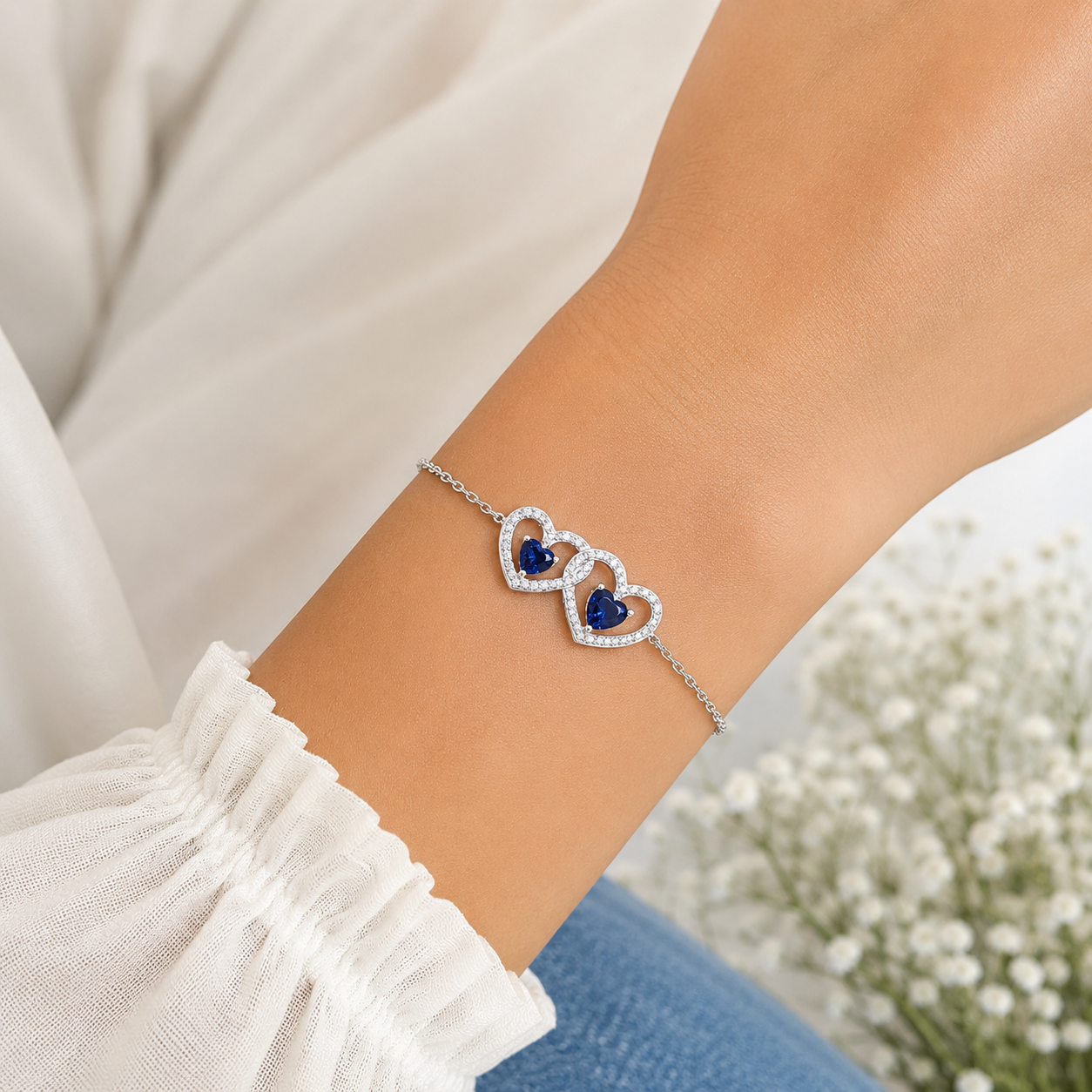Pulsera 2 Corazones Azul Plata Ley 925
