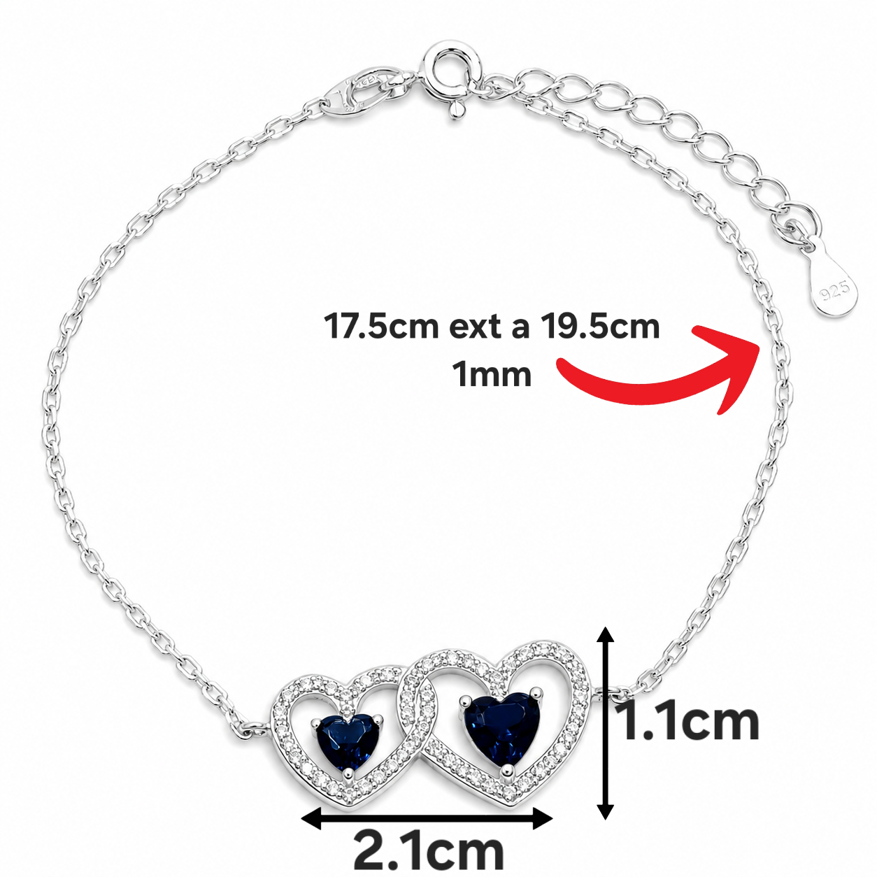 Pulsera 2 Corazones Azul Plata Ley 925