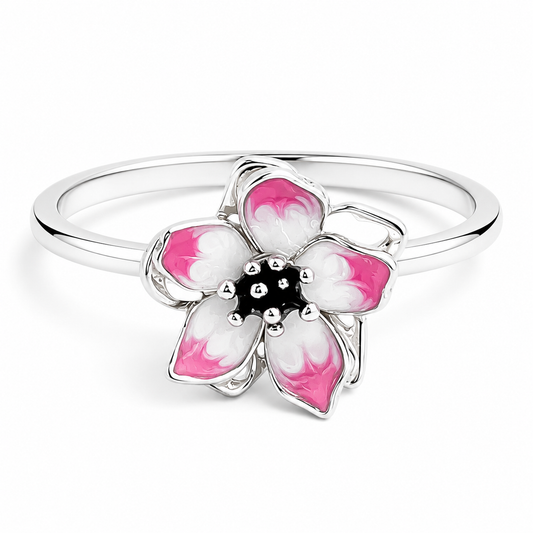 Anillo Flor Rosa Blanca Pan Plata Ley 925