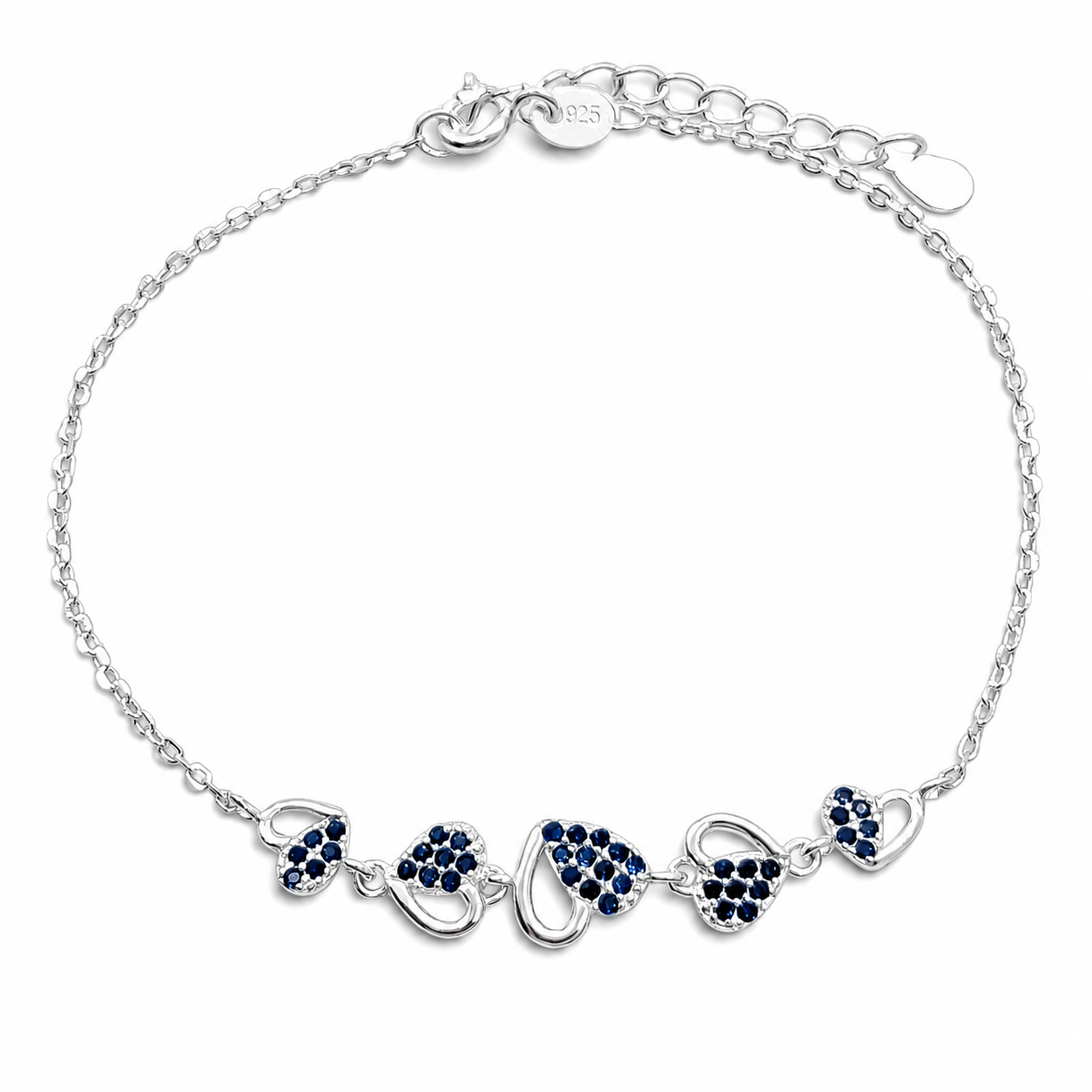 Pulsera Corazones Azul Plata Ley 925