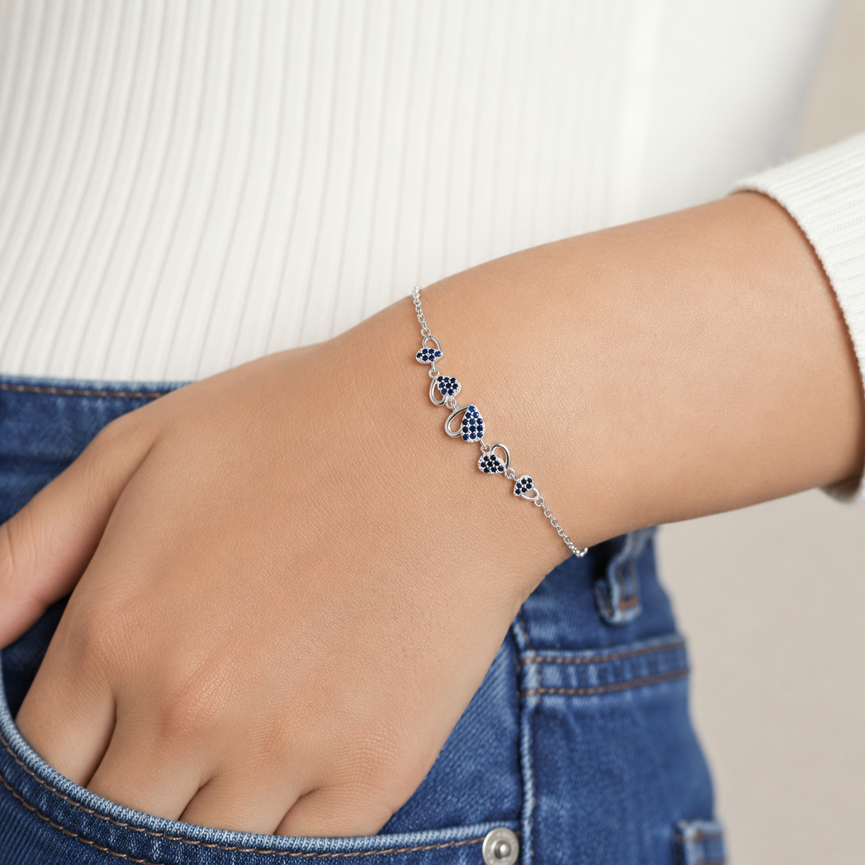 Pulsera Corazones Azul Plata Ley 925