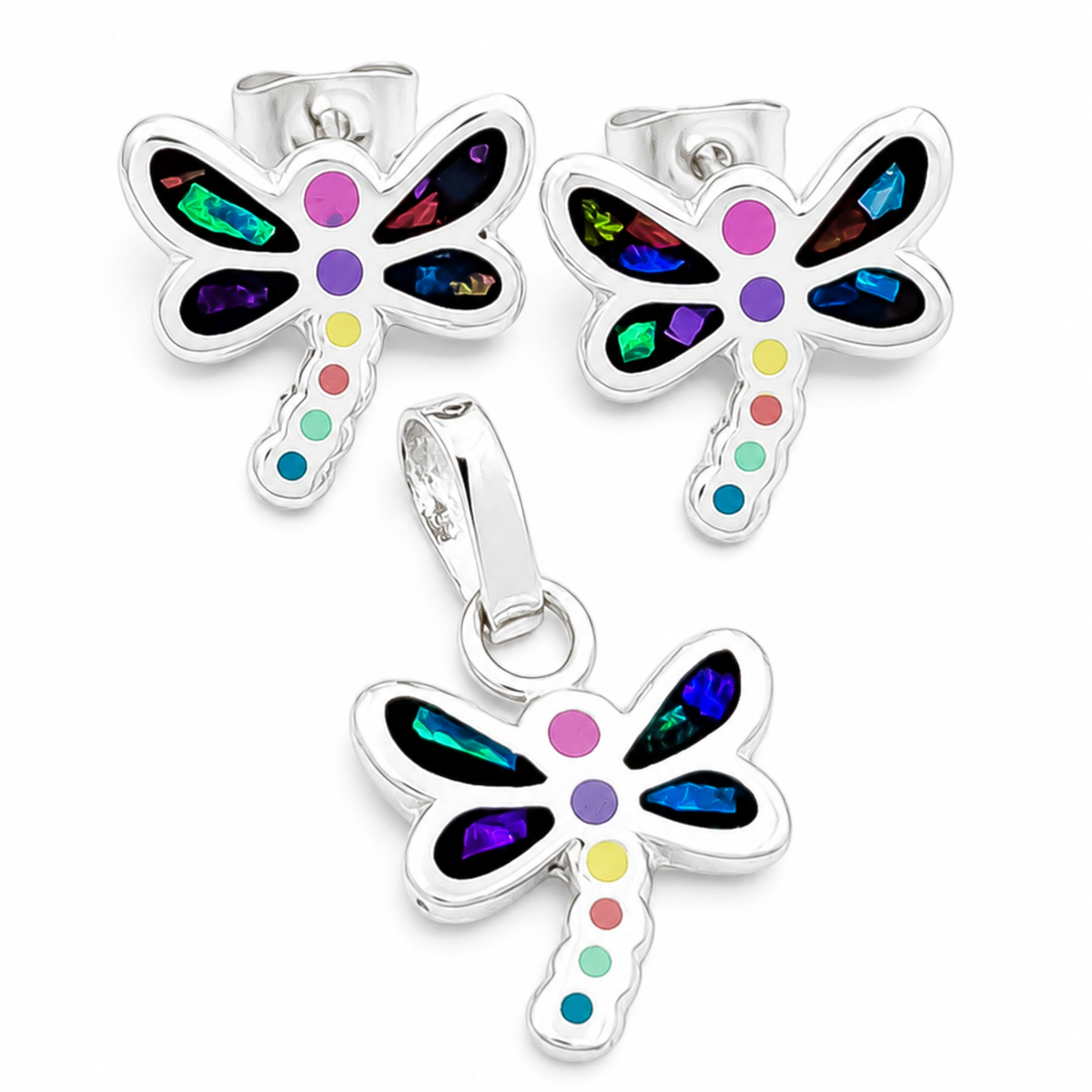 Set Libelula Multicolor Plata Ley 925