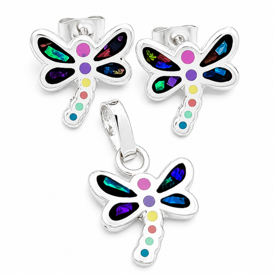 Set Libelula Multicolor Plata Ley 925