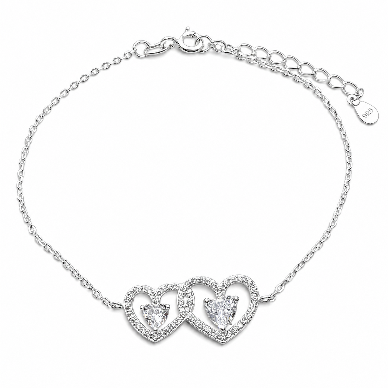 Pulsera 2 Corazones Blanco Plata Ley 925