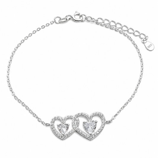 Pulsera 2 Corazones Blanco Plata Ley 925