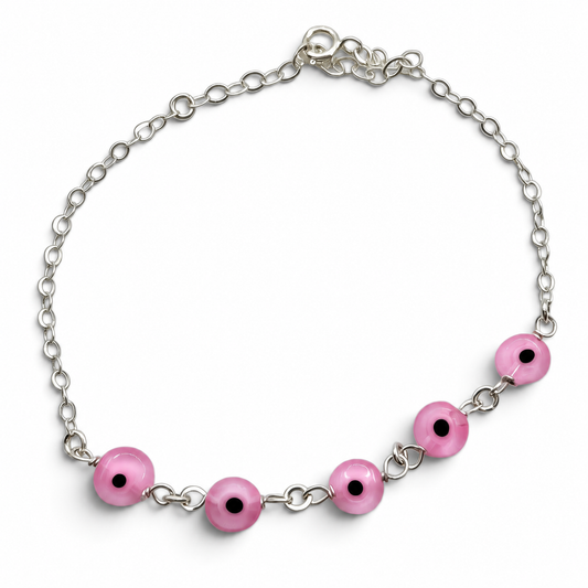 Pulsera Ojos Rosas Plata Ley 925