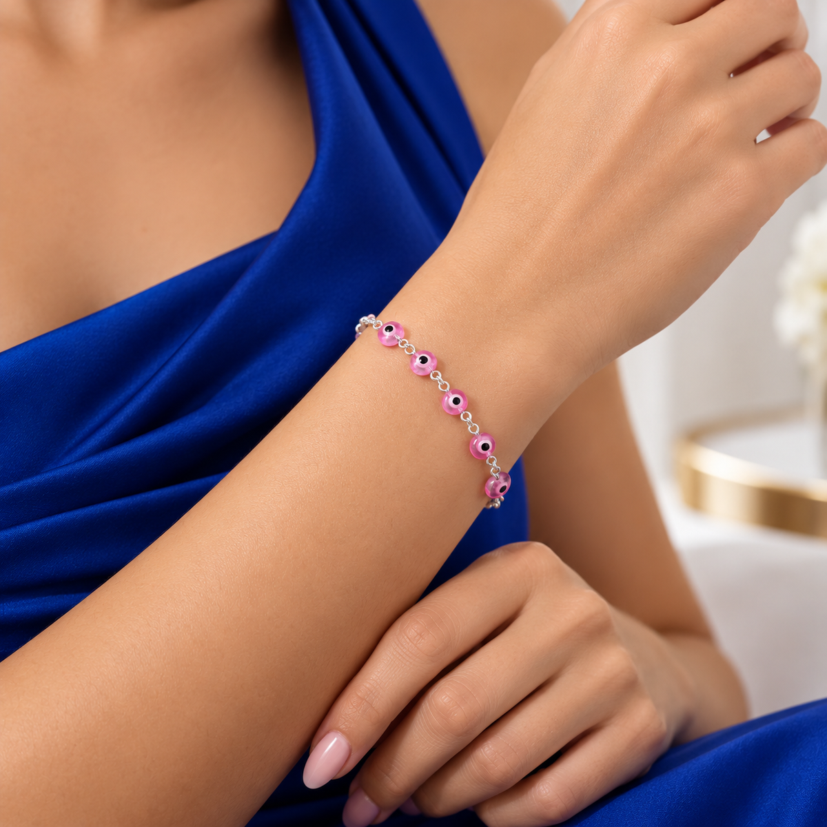 Pulsera Ojos Rosas Plata Ley 925