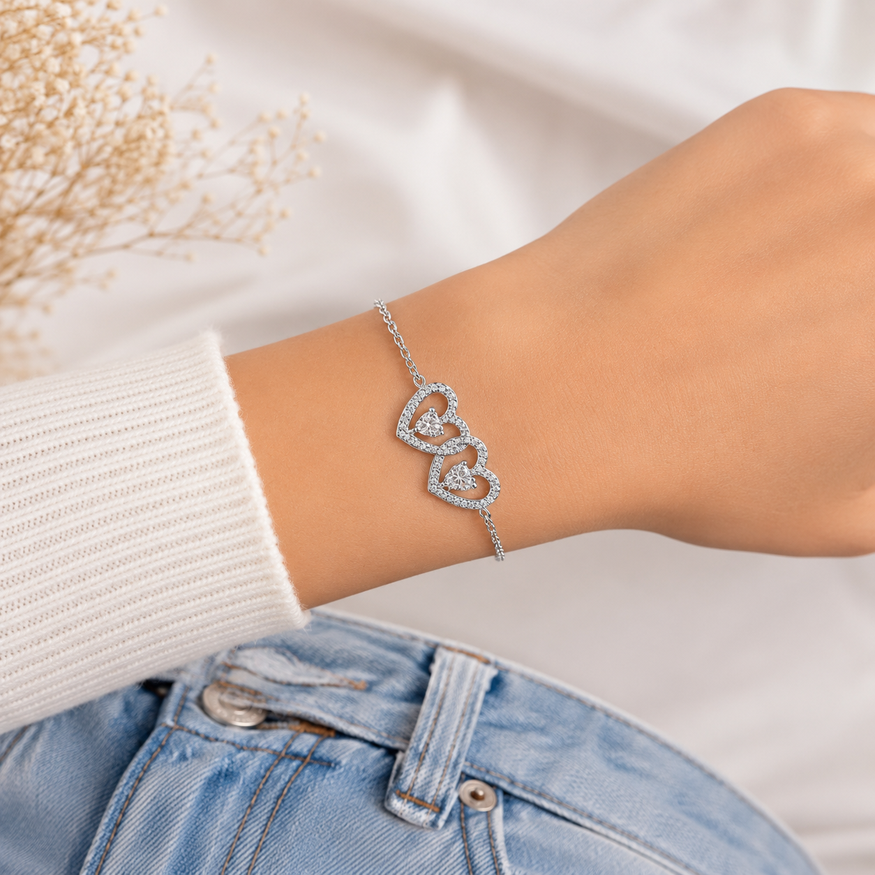 Pulsera 2 Corazones Blanco Plata Ley 925