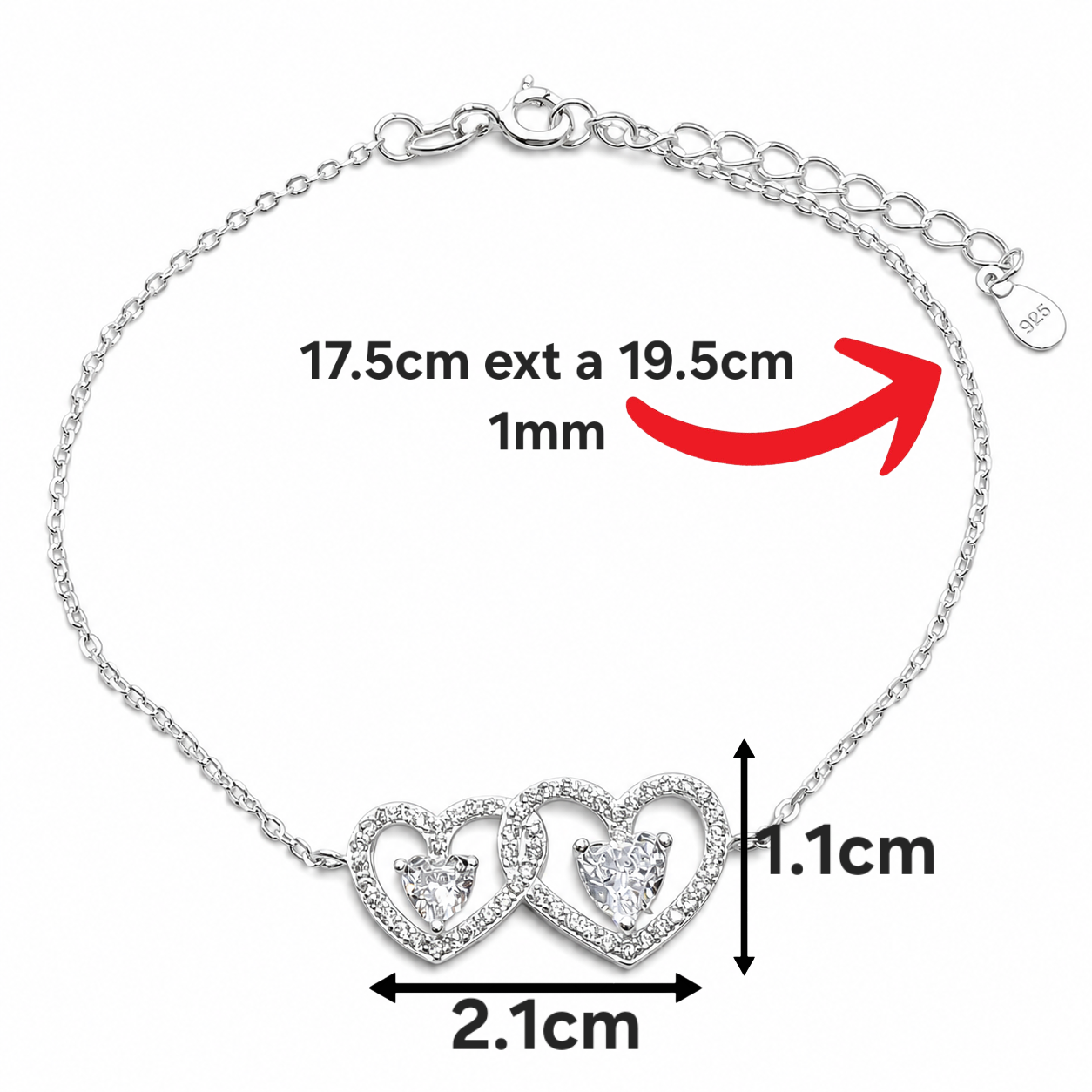 Pulsera 2 Corazones Blanco Plata Ley 925