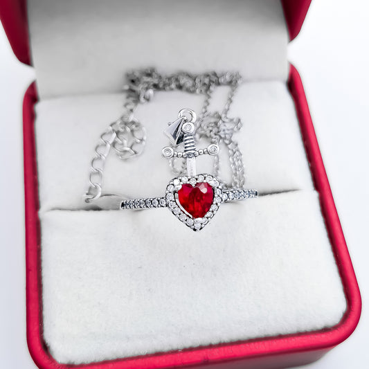 Anillo Espada Cadena Corazon Rojo