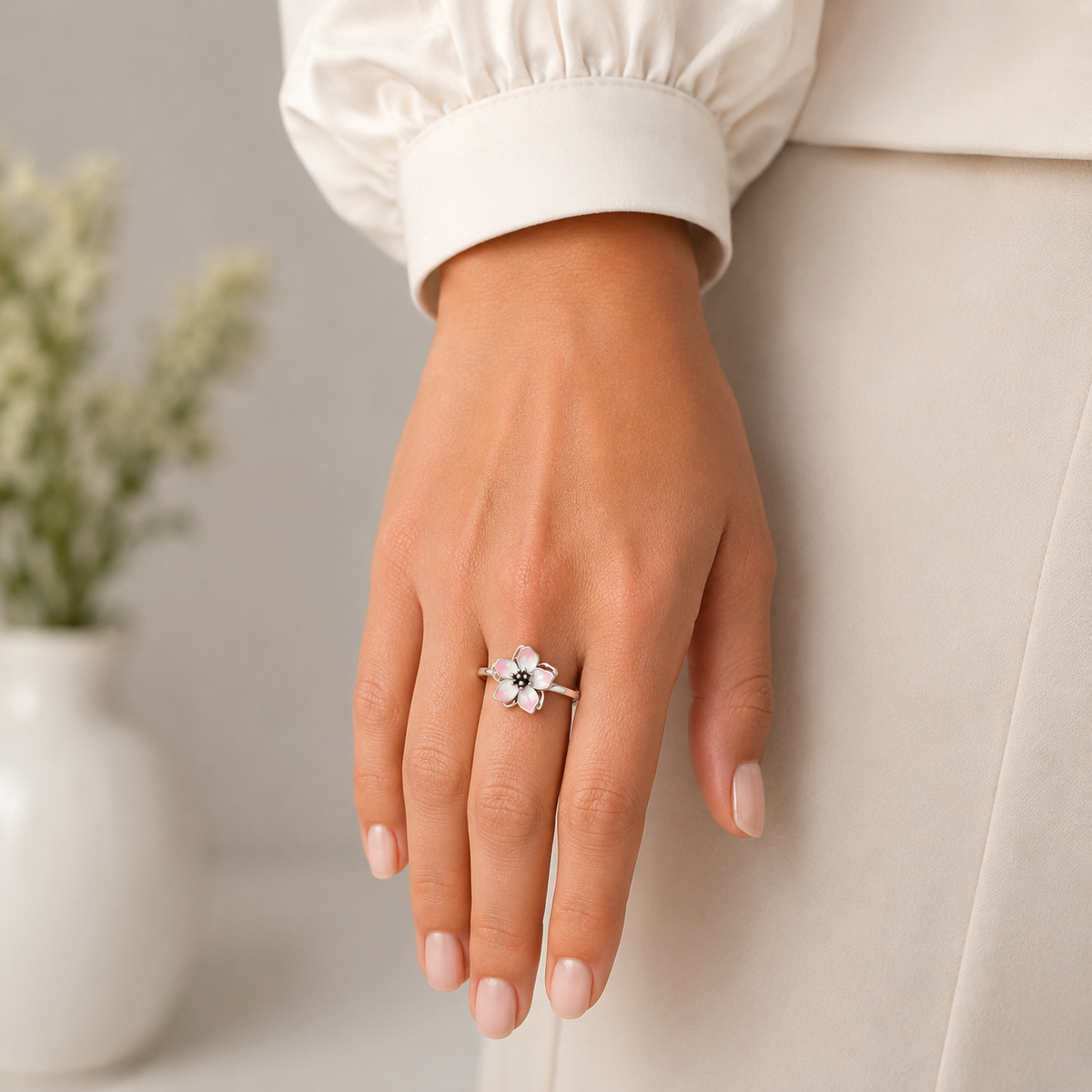 Anillo Flor Rosa Blanca Pan Plata Ley 925