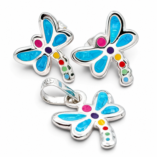 Set Libelula Azul Plata Ley 925