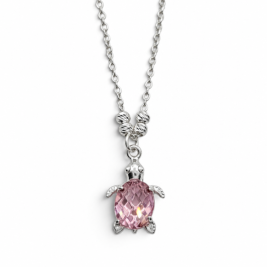 Collar Tortuga Rosa Plata Ley 925