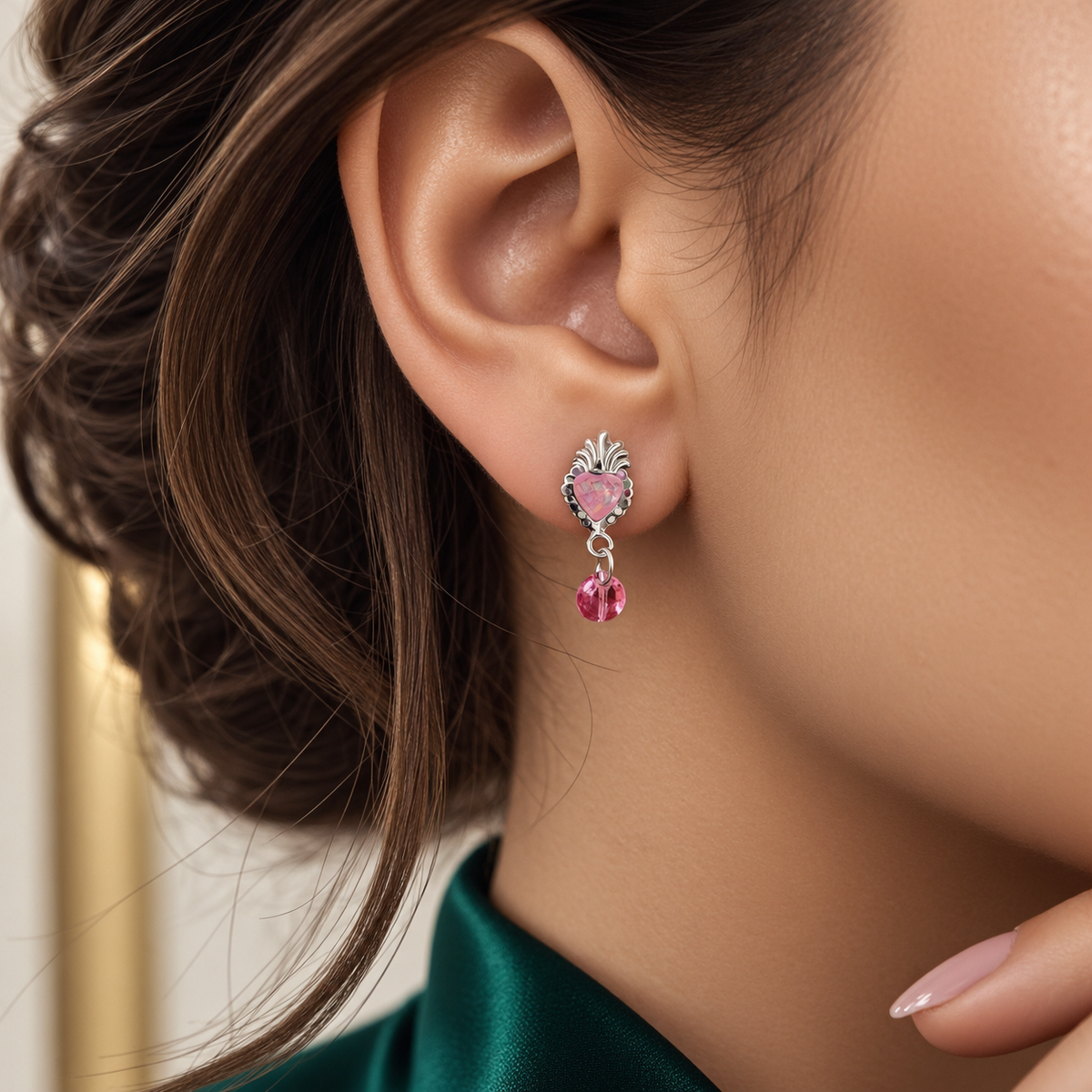 Arete Corazon Rosa Plata Ley 925