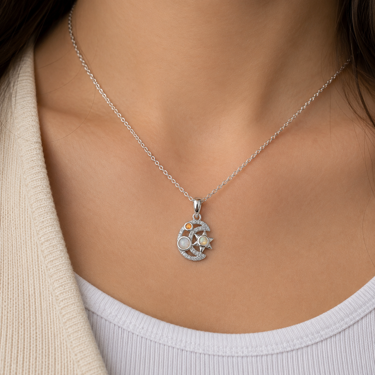 Dije Estrella Luna Blanco Opalo Plata Ley 925