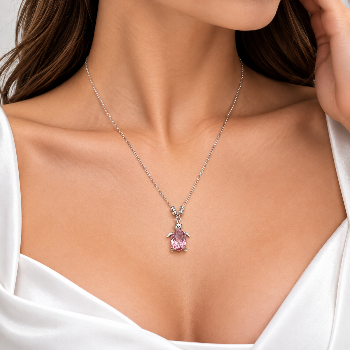 Collar Tortuga Rosa Plata Ley 925