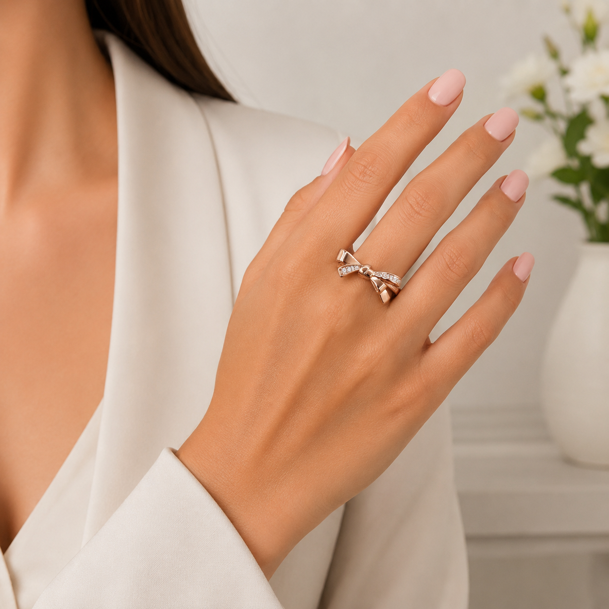 Anillo Moño Rosa Pan Plata Ley 925